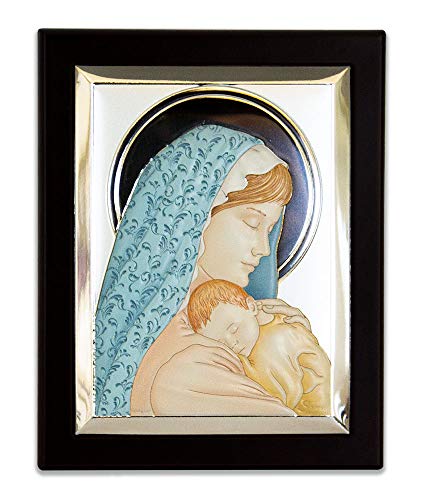 Icono religioso – Panel sagrado – Virgen con niño – Medidas 10 x 13 cm – Placa plateada 999 sobre panel de madera contorneada