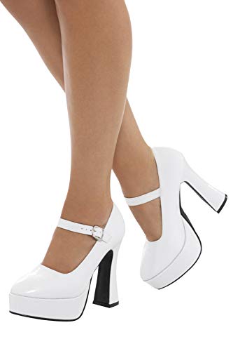 Smiffys-43075L Zapatos de Plataforma años 70 para Mujer, tacón de 12.7 cm, Color Blanco, EU Tamaño-39 (Smiffy'S 43075L)