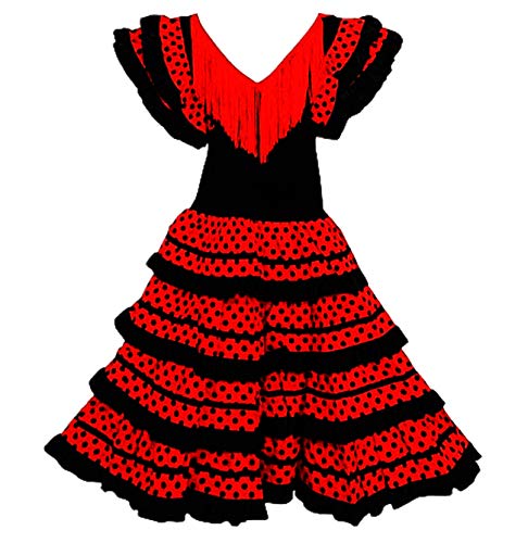 Vestido Flamenco Disfraz Sevillana, Traje de Andaluza la Señorita, Carnaval, Bailar Flamenca para Niñas y Mujer- con Lunares Negros y Blancos (Negro, 4 Años)