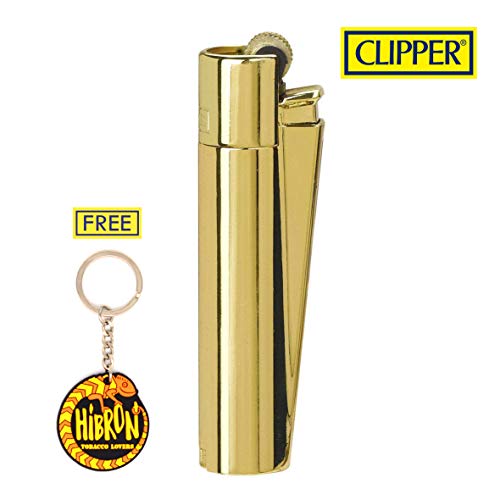 HIBRON Clipper 1 Encendedor Mechero Clásico Largo Metal Gold Oro Dorado Brillante Pulido Y 1 Llavero Gratis