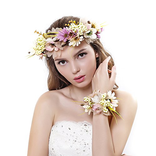 Ever Fairy Nunca hada® Mujer Niña corona de flores corona flores diadema con banda de muñeca conjunto para boda beige talla única
