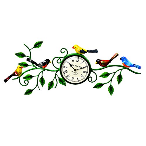 Jaipur handicrafts hub Reloj de pared decorativo con diseño de dos pájaros con flores hecho a mano en hierro pintado a mano
