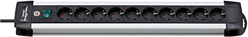 Brennenstuhl Premium-Alu-Line regleta enchufes con 10 tomas de corriente (cable de 3 m, interruptor iluminado, Fabricado en Alemania) plateado/negro