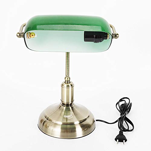 RANZIX - Lámpara de mesa estilo banquero con pantalla de cristal verde, soporte de latón pulido, lámpara de mesa retro, lámpara de biblioteca, casquillo E27, 42 W, altura 37 cm