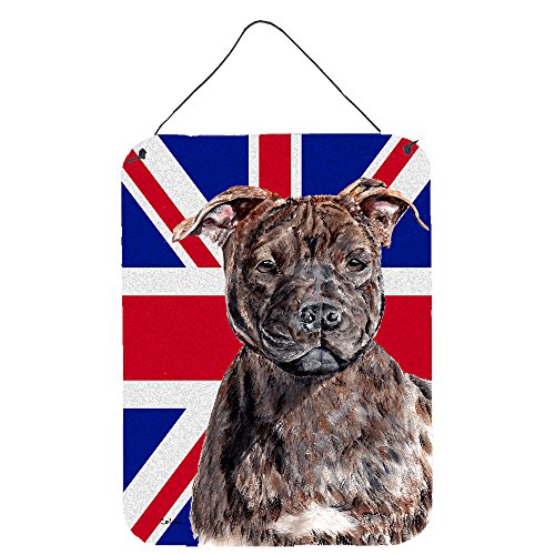 Caroline Tesoros del SC9882DS1216 Staffordshire Bull Terrier Staffie con Inglés Union Jack Bandera de Reino Unido Pared o para Colgar en Puerta Prints, 16 "x 12"