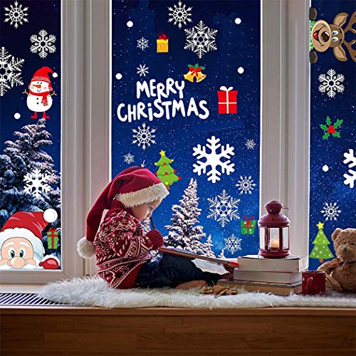 Flysee Pegatinas de Navidad, Pegatina Copo de Nieve, Feliz Navidad Papá Noel Muñeco de Nieve Alce de la Puerta Decoración de la Ventana Extraíble PVC Pegatinas Electrostáticas para Fiesta