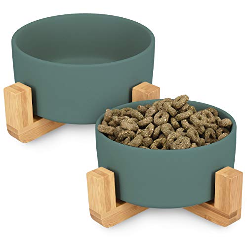 Navaris 2X Cuencos elevados para Mascotas - Comedero y Bebedero de cerámica para Perros Gatos Cachorros - con Soportes de bambú Antideslizante - en Verde