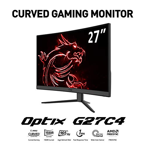 MSI Optix G27C4 - Monitor Gaming Curvo de 27" LED FullHD 165Hz (1920x1080p, ratio 16:9, Panel VA, pantalla curva 1500R, 1 ms respuesta, brillo 250 nits, Anti-glare, NTSC 0.85 y SRGB 1.15) negro
