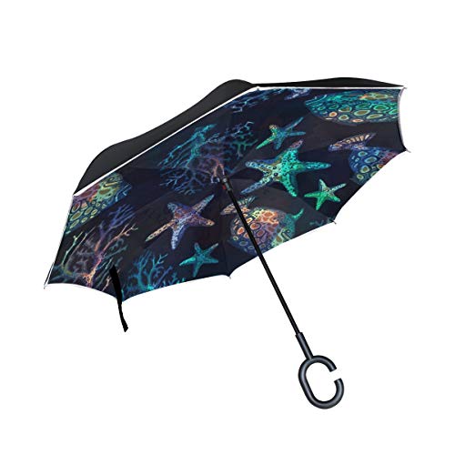 RXYY Paraguas invertido plegable a prueba de viento de doble capa con patrón de estrellas de mar de coral para protección contra la lluvia en coche, viajes al aire libre, hombres y mujeres