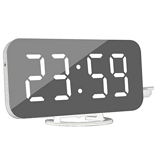 DollaTek Reloj de Alarma Digital - Reloj Despertador Moderno con Puerto USB Reloj con Espejo Digital El Mejor Reloj de Tiempo Decorativo para el Escritorio de la Mesa de Pared - Fuente Blanca