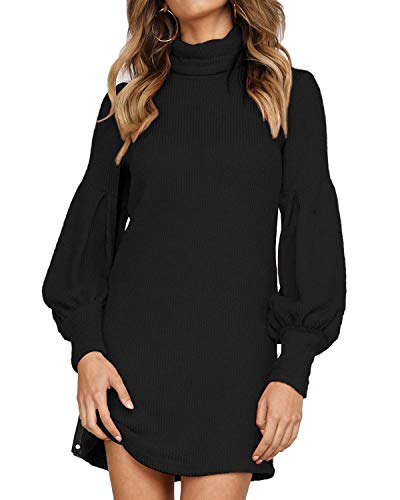 Auxo Vestido Negro a Punto Cuello Alto Suéter Larga Elegante Clásico para Mujer Jerséy para Otoño Invierno B-Negro M
