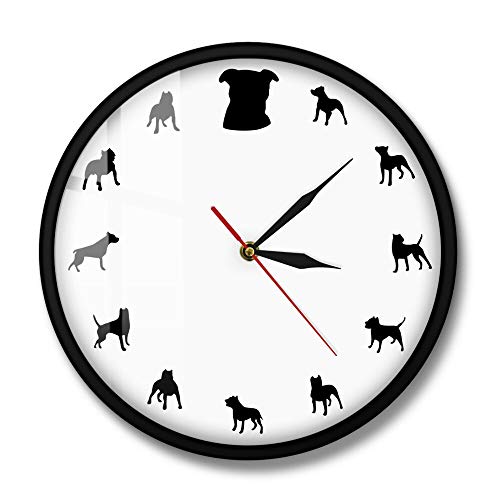 XCJX 12 Pulgadas con Marco Love Pit Bull Reloj de Pared Pitbulls Reloj de Pared para criador de Perros Diseño Simple Cachorro Mascota Decoración del hogar Pitbull Terrier Perro Regalo Reloj de Pared