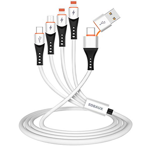 SDBAUX USB A/C a Cable de Carga múltiple 4 en 1, Cable de Cargador rápido de Silicona Suave 3A con Puerto Tipo C (PD / QC3.0) / 2 IP/Micro USB para Apple, Huawei, Google Pixel, LG HTC (1.2M)