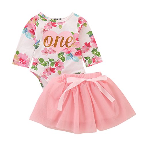 T TALENTBABY - Conjunto de 2 piezas para recién nacido para niña, primer cumpleaños, diseño de letra una, estampado floral, con lazo, tutú, vestido de princesa, vestido de princesa Rosa (manga larga).