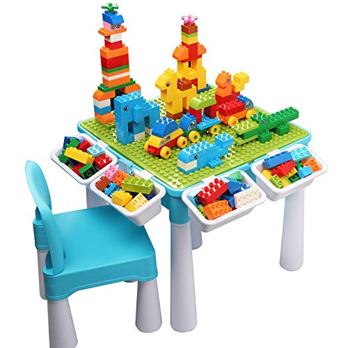 Juego de mesa de actividades múltiples 5 en 1 para niños, 128 piezas de bloques de construcción grandes Compatible con ladrillos de juguete, Incluye 1 silla y mesa de bloques de con almacenamiento
