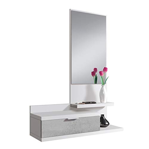Habitdesign 0L6744A - Recibidor con Cajon y Espejo, Mueble de Entrada, Color Blanco Artik y Cemento, Medidas: 81 cm (Largo) x 116 cm (Alto) x 29 cm (Fondo)