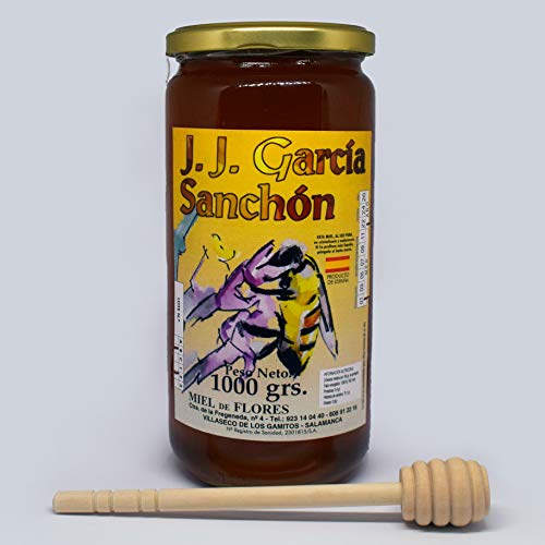 JJ García Sanchón Miel de abeja 100 % Natural y ecológica de España. Tarro de 1 Kilo de Miel de flores con dispensador de madera y embalaje. Producción artesanal.