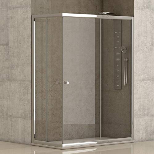 Mampara de ducha angular 2 hojas fijas + 2 hojas correderas con cristal transparente templado de seguridad de 4mm modelo Bricodomo Catalonia 80x120 (Adaptable 79-80cm a 119-120cm)