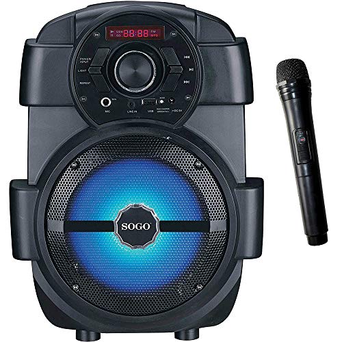 SOGO SS-8760 Altavoz portátil Bluetooth 6.5", USB 2.0 (32gb) MP3 / Radio FM/AUX IN/Karaoke Microfono Incluido, Luces Multicolor - Color Negro