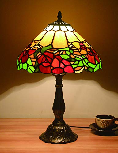 12 pulgadas Vintage Pastoral Flores preciosas Vidrieras Lámpara de mesa Lámpara de dormitorio Lámpara de noche