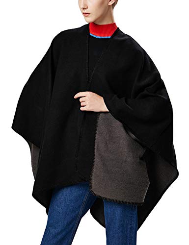 Aivtalk - Poncho de Lana para Mujer Negro Chal de Punto para Invierno Primavera Otoño Capa de Gran Tamaño Calentito Cárdigan Manta 130 x 150 CM - Negro