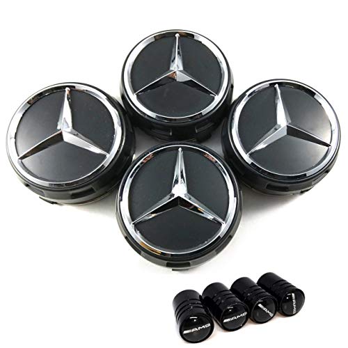 4 tapones para llantas de aleación de 75 mm con logotipo de Mercedes negro elevado, AMG Clase A B C E CLA CLK M ML S 4Matic