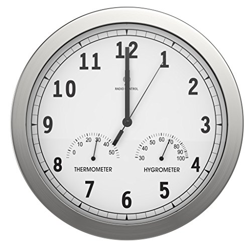bonVIVO TIMERIDER Reloj De Pared Controlado por Radio, Alta Precisión, Reloj De Pared Silencioso De Aluminio para Salón, Cocina, Despacho, Reloj De Pared De 30.5 cm, Termómetro E higrómetro Integrado