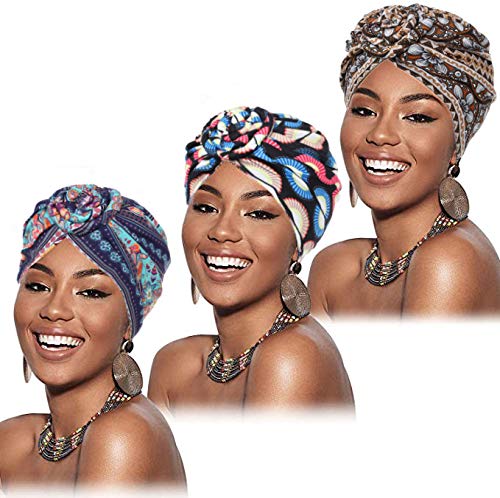 Flrora Boho - Diadema de turbante africano con nudo preatado para cabeza de capó y turbante de moda para mujeres y niñas (3 piezas)