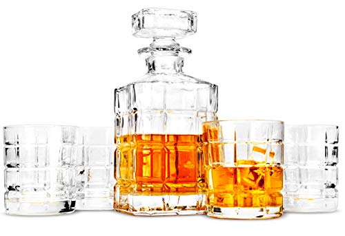 LANFULA 5 Piezas Vasos y Jarra de Whisky, 800 ml Decantador de Whisky Cristal Sin Plomo con 4 Vasos de 300 ml, Perfecto fara Los Amantes Del Whisky