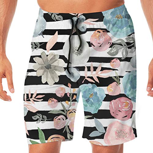 Soft Breeze Flowers Black and White Stripes Men's Beachwear Slim Fit Summer Holiday Swim Trunks Quick Dry Striped Swim Shorts X-Large