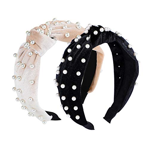 Diademas de Perlas de Terciopelo Diademas de Pelo Anchas Diademas Nudo Vintage Diadema Para Mujer Chica y Niña Moda Accesorios (2Pcs Beige + Negro)