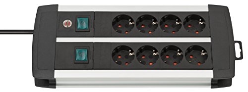 Brennenstuhl Premium-Alu-Line regleta enchufes con 8 tomas de corriente y 2 interruptores individuales (cable de 3 m, interruptor iluminado, Fabricado en Alemania) plateado/negro