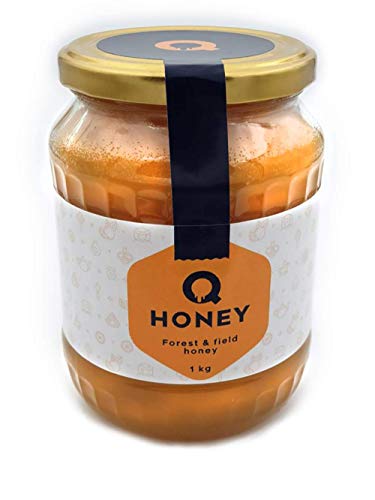 Q-Honey Miel de Abeja Pura, Miel Cruda, 100 % Natural Honey, Sin Filtrar Sin Azúcar, Alta Concentración de Minerales 1kg Tarro de cristal