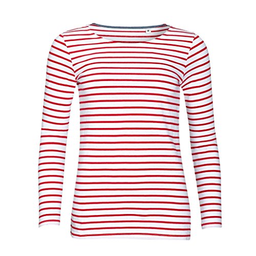 SOLS - Camiseta de manga larga con estampado de rayas modelo Marine para mujer (XS/Blanco/Rojo)