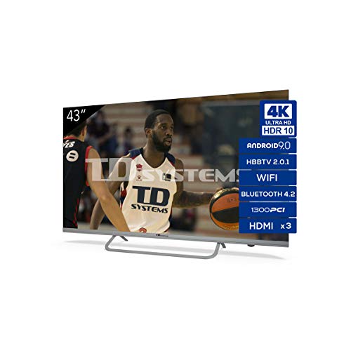 Televisiones Smart TV 43 Pulgadas 4K Android 9.0 y HBBTV, 1300 PCI Hz UHD HDR, 3X HDMI, 2X USB. DVB-T2/C/S2, Modo Hotel - Televisores TD Systems K43DLX11US