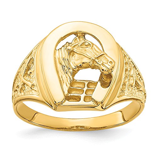 Herradura pulida de oro amarillo de 14 quilates con caballo en anillo central para mujeres