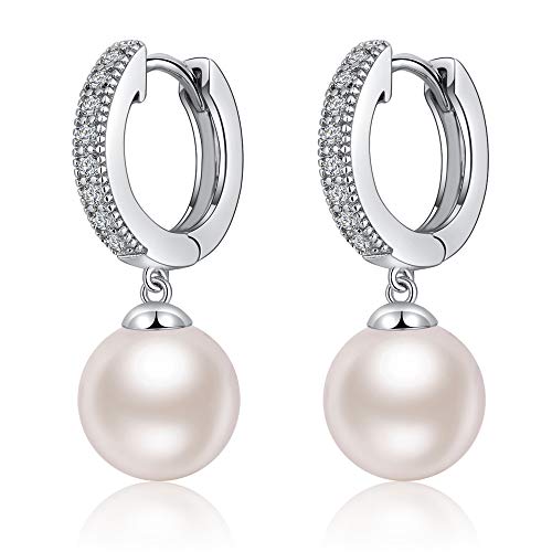 jiamiaoi Pendientes mujer plata pendientes de perlas pendientes de aro con circonitas, pendientes de perlas blancas de agua dulce pendientes de oro blanco pendientes de plata
