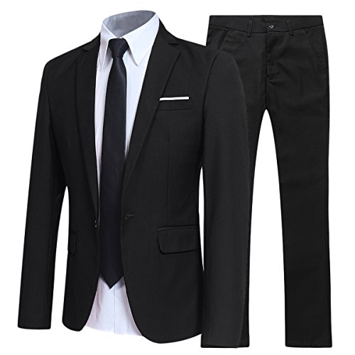 Traje de 2 piezas para hombre compuesto por chaqueta y pantalones, ajuste estrecho, para boda, cena,negocios, casual, disponible en 10 colores Negro Negro ( Large