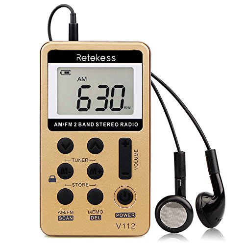 Retekess V112 Mini Radio de Bolsillo Portátil AM FM Receptor Personal con Batería Recargable y Auricular (Dorado)