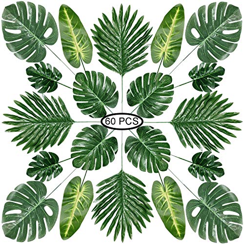 Hojas de Palma Artificiales, PietyPet 60 Piezas 5 tipos Verde Plantas Artificiales, Falso Hojas de Monstera con tallos para Luau, Fiestas Decoraciones Eventos, Bodas, Hawaiano