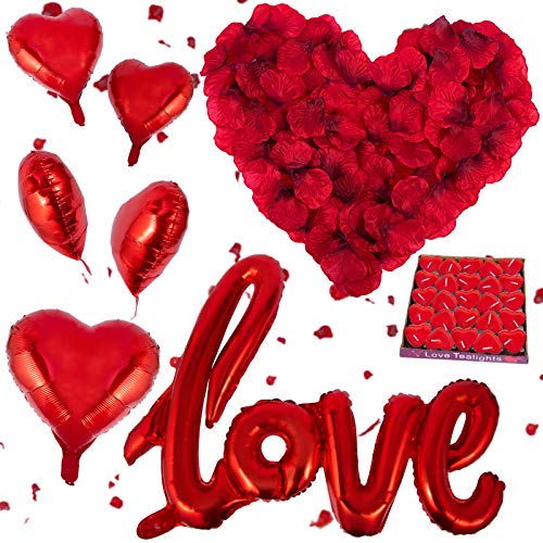 3200 Piezas Pétalos de Rosa, Kit de Pétalos de Rosa Rojos Artificiales, 50 Velas en Forma de Corazón y 5 Globos Corazón Rojo para Bodas Decoración, Fiestas, día de San Valentín y Proponer