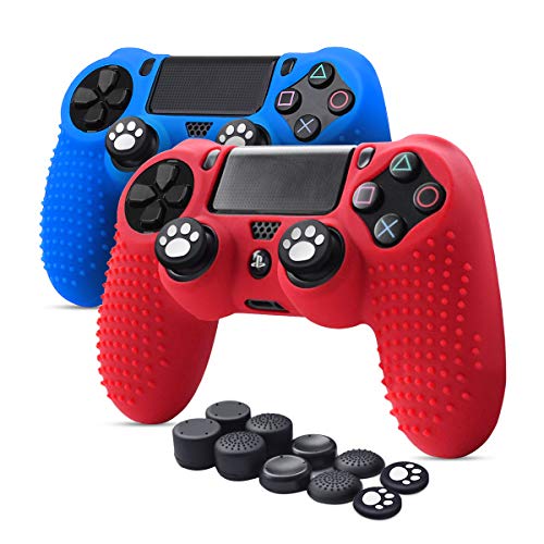 6amLifestyle Funda Protectora Antideslizante de Silicona para Mando PS4, Carcasa para Sony PS4 / PS4 Pro / PS4 Slim Controller (Rojo + Azul 2 Fundas de Mando PS4 + 10 Thumb Grips PS4)