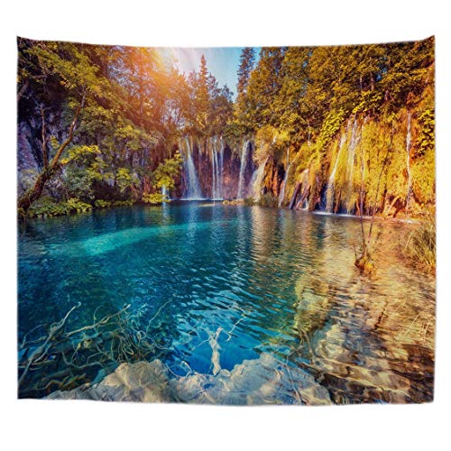 A.Monamour Tapices Agua Turquesa Cascada Lago Piedras Montañas Árboles Parque Nacional Naturaleza Paisaje Paisaje Vista Impresión Tela Tapices De Pared Toallas De Playa Mantas De Yoga 102x153cm