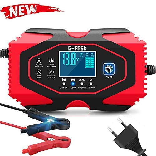 Cargador de Baterías Coche,12V/24V Coche Moto Cargador Rápido Automático Protección con Pantalla LCD Mantener y Reparar baterías para Varios vehículos