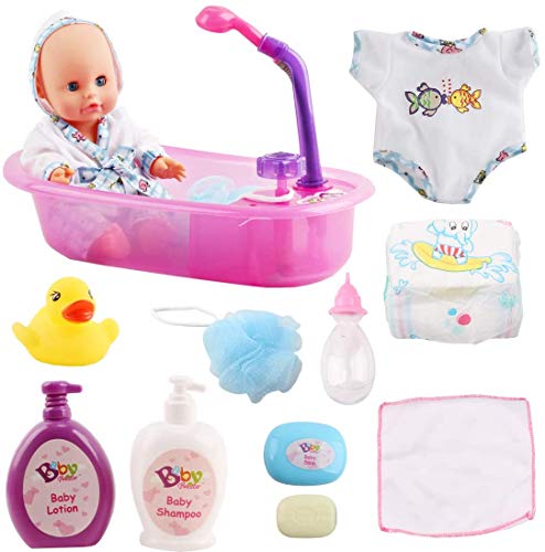 deAO Conjunto de Baño 13" Mi Primera Muñeca Bebé con Funciones de Agua Real Set Incluye Muñeca, Bañera, Accesorios y Albornoz