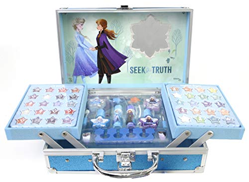 Frozen II Makeup Train Case - Maletín de Maquillaje de 2 Pisos - Set de Maquillaje para Niñas - Maquillaje Frozen - Neceser Maquillaje y Accesorios en un Maletín Reutilizable con Espejo