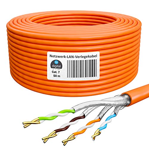 HB-Digital 50m cat 7 LAN de red digital Cable de instalación Cable 50m cat 7 Cobre Profi S/FTP PIMF LSZH Naranja libre de halógenos Conforme a RoHS cat. 7 Cat7 Ethernet AWG 23/1 Color naranja