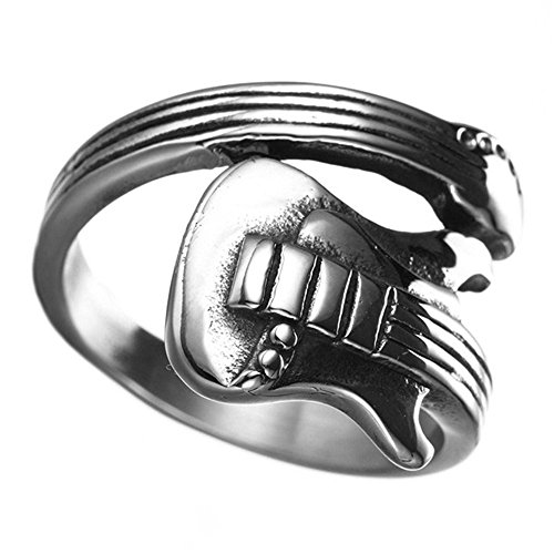 HIJONES Hombre Acero Inoxidable Punk Rock Wrap Alrededor De La Música De La Guitarra Anillo De Plata Tamaño 17