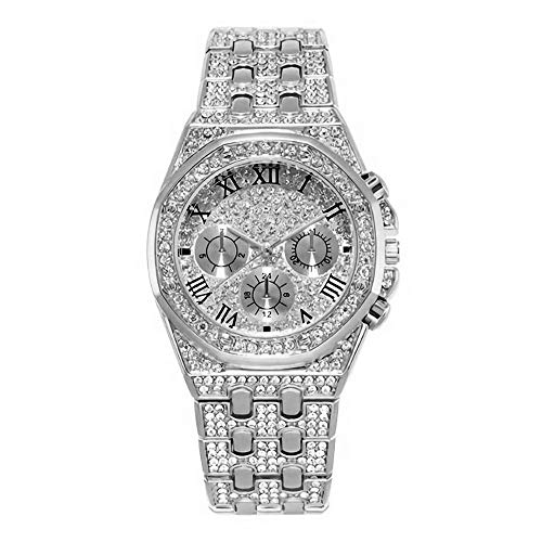 JunMei Reloj Bling Hombre, Reloj de Diamantes de imitación con Diamantes de imitación con Diamantes de Diamante de Hip Hop - Movimiento de Cuarzo