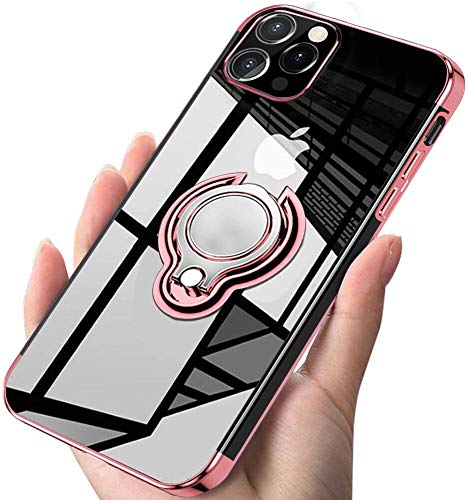 kadixini Funda compatible con iPhone 12 Pro Max Ring 360° ajustable anillo magnético soporte Ring transparente TPU Case silicona funda oro rosa